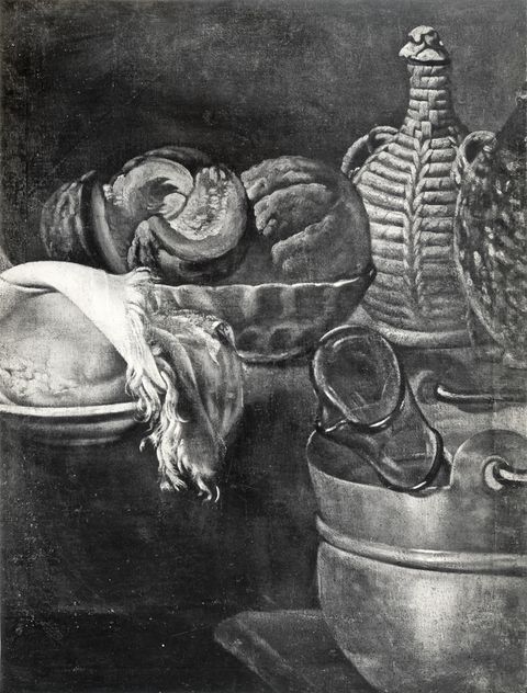Anonimo — Autore non indicato - sec. XVII/ XVIII - Natura morta con pane, melone, fiasco e bacile — insieme